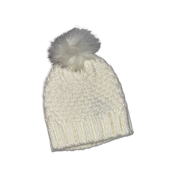 EXPRESS Ivory Cable Knit Beanie Hat with Pom Pom - Picture 4 of 6